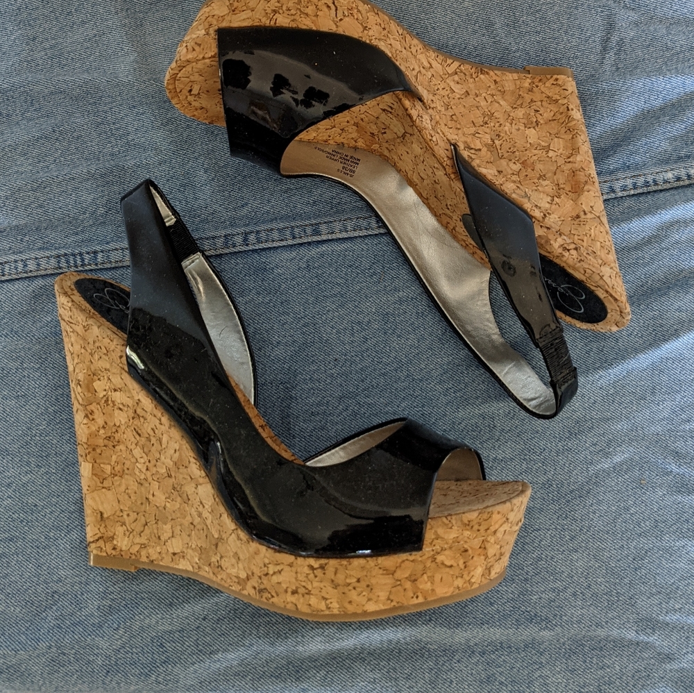 Jessica Simpson black cork wedges open toed sling